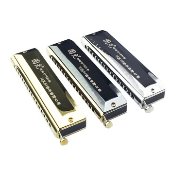 

Guoguang 16 hole 64 tone half scale harmonica C harmonica, golden, silver, black circular arc mouthpiece.