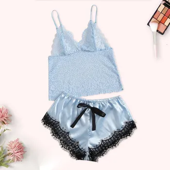 

New Fashion Women's Solid Sexy Sleepwear Satin Women V-neck Silk Lace Sexy Stain Backless Camisole Pajamas Sleepwear Shorts Set
