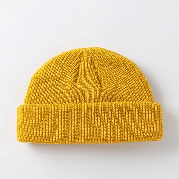 Новая модная мужская зимняя вязаная шапка, шапка с черепом для мальчика, шапка с манжетами в стиле ретро, темно-синяя короткая шапка, одноцветная, унисекс, осенняя теплая шапка - Цвет: Цвет: желтый