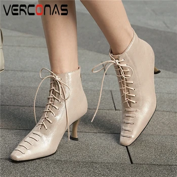 

VERCONAS Office Concise 2020 New Woman Ankle Boots Autumn Winter Shoes Woman Fashion Genuine Leather High Heels Cross-Tied Boots