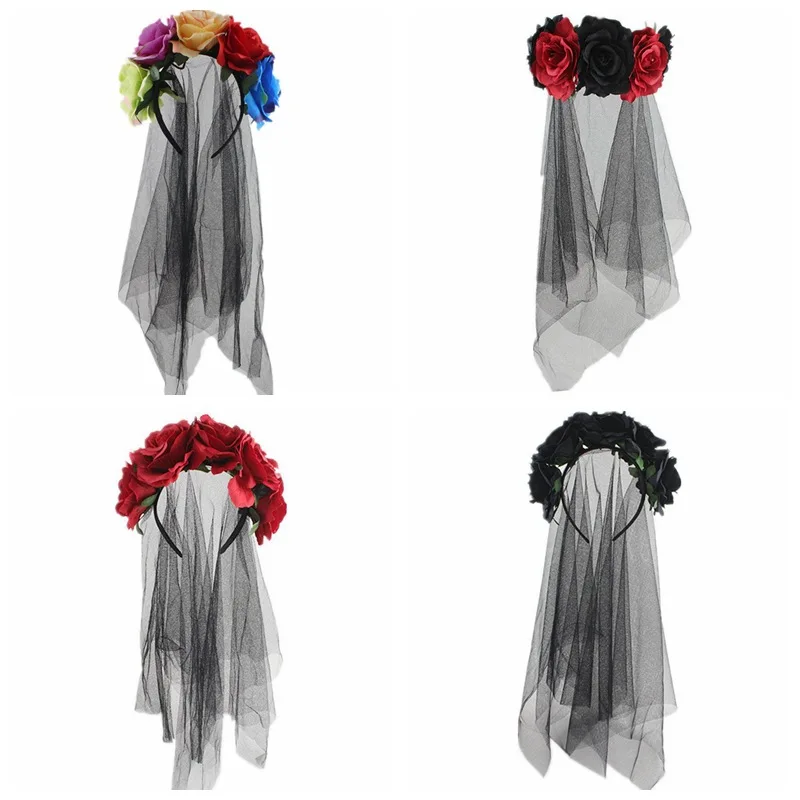 New Style Black Rose Flower Veil, Head Buckle for Party of the Dead, Halloween Witch Dress Up, Headband, Headdress 2t white ivory black bridal elbow length cut edge wedding veil with comb tulle bridal veils vail voille de mariage