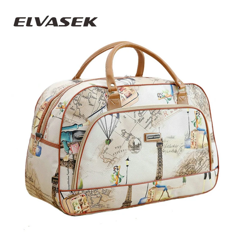 

ELVASEK Women Travel Bags 2019 New Fashion PU Leather Large Capacity Waterproof Print Luggage Duffle Bag Men Casual Travel Bags