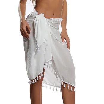 

Women Beach Dress Semi-sheer Swimwears Bikini Cover Ups Short Skirt with Tassels Chiffon Wrap Swimming Dress Sarong Pareo Shorts