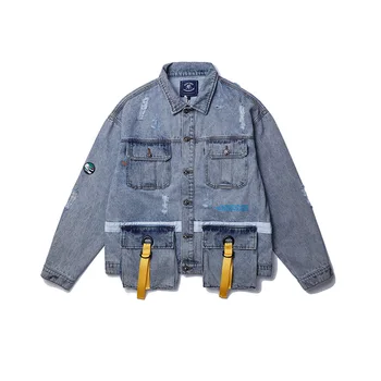 

Original Hole Retro Multi-pocket Jean Jacket Men Washed Windbreaker Streetwear Denim Jackets Overalls Winter Jacket