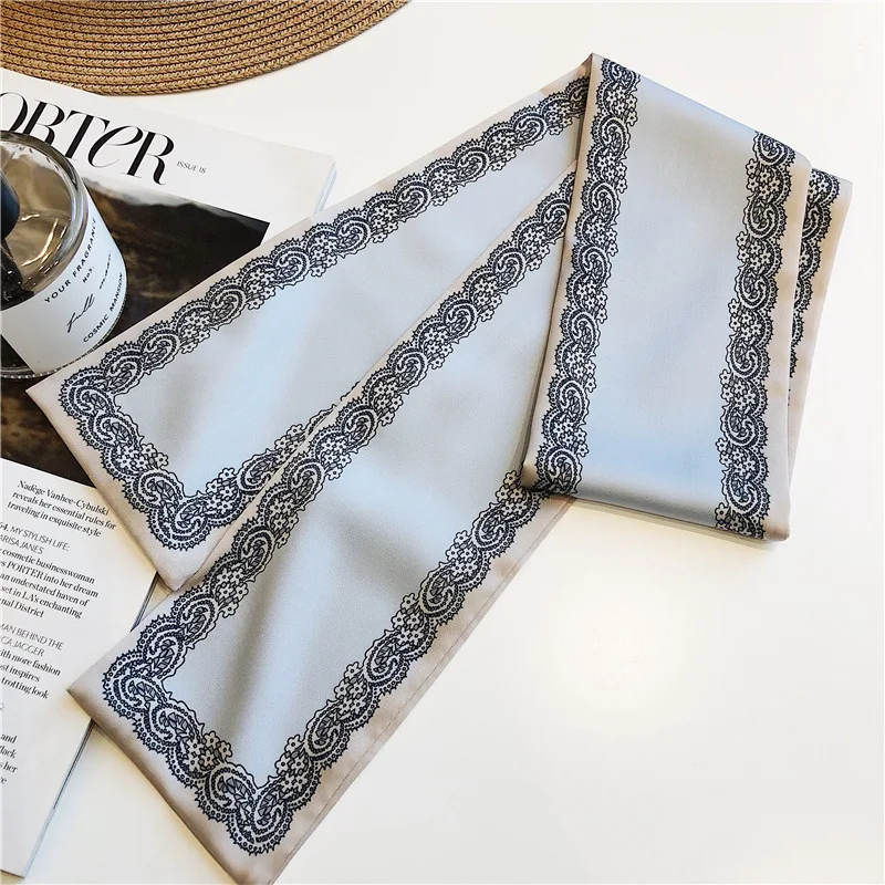 9x95cm Flower blue Квадратный шарф волос кабельная стяжка для Бизнес для вечеринки, в горошек, с принтом Для женщин простой, но элегантный маленький Винтаж Узкие Ретро головы и шеи, Шелковый сатиновый шарф - Цвет: 9x95cm Flower blue