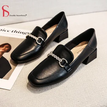 

3cm Heel Square-toed Single Leather Shoes Women's Autumn New One-pedal Loafers Two-wear Thick Heel Large Size Women Shoes