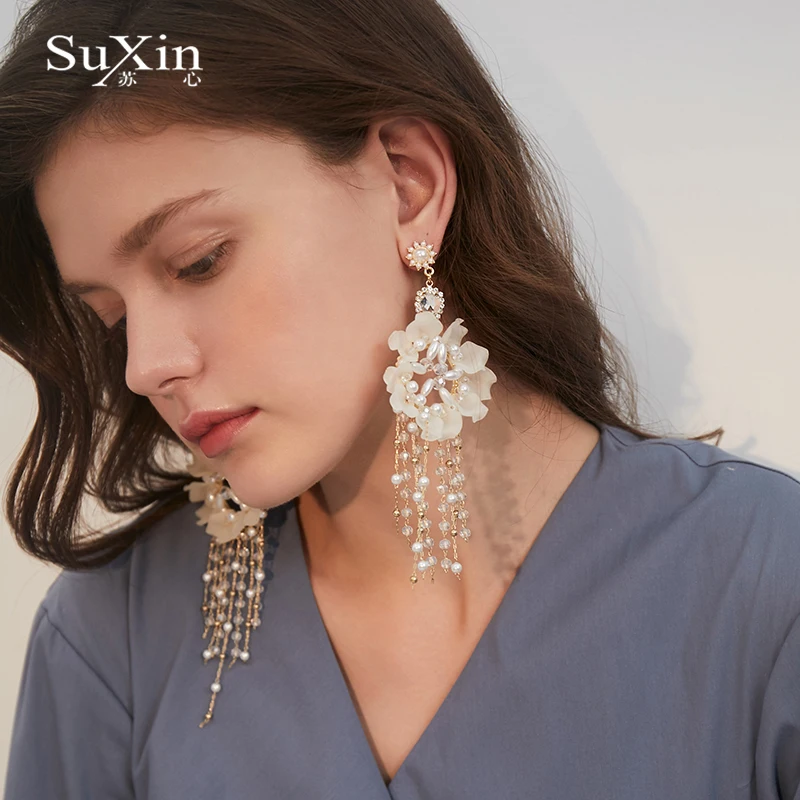 Корейские акриловые серьги Suxin прозрачные с цветами и кисточками для женщин