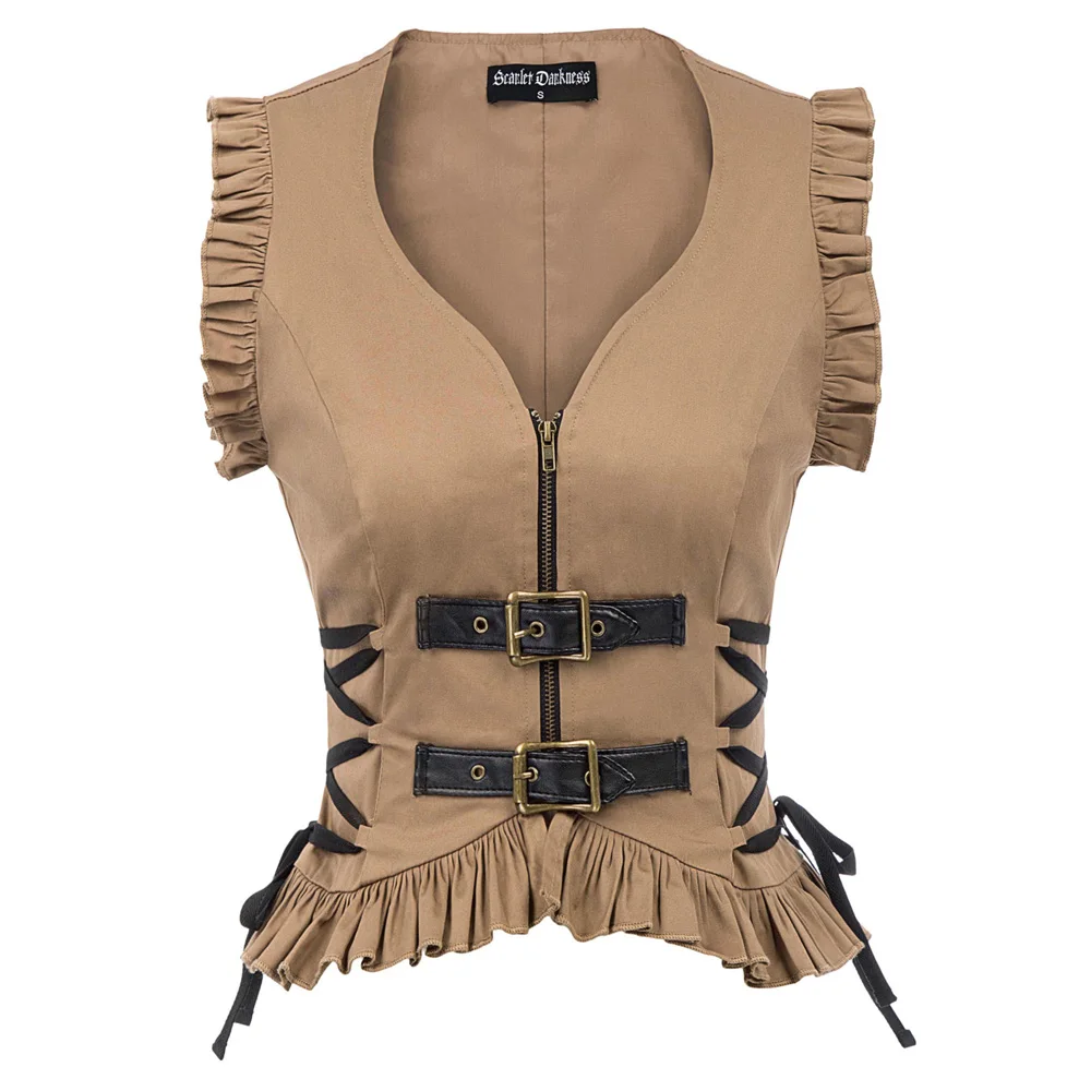 

Women jacket tops party clubwear cool sexy slim Steampunk Zip-up Coat Sleeveless Ruffled Hem lacing hip rock Gothic coat