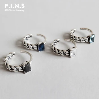 

F.I.N.S Genuine 925 Sterling Silver Square Zircon Vintage Chain Open Ring for Women Adjustable Female Ring Punk Luxury Jewelry