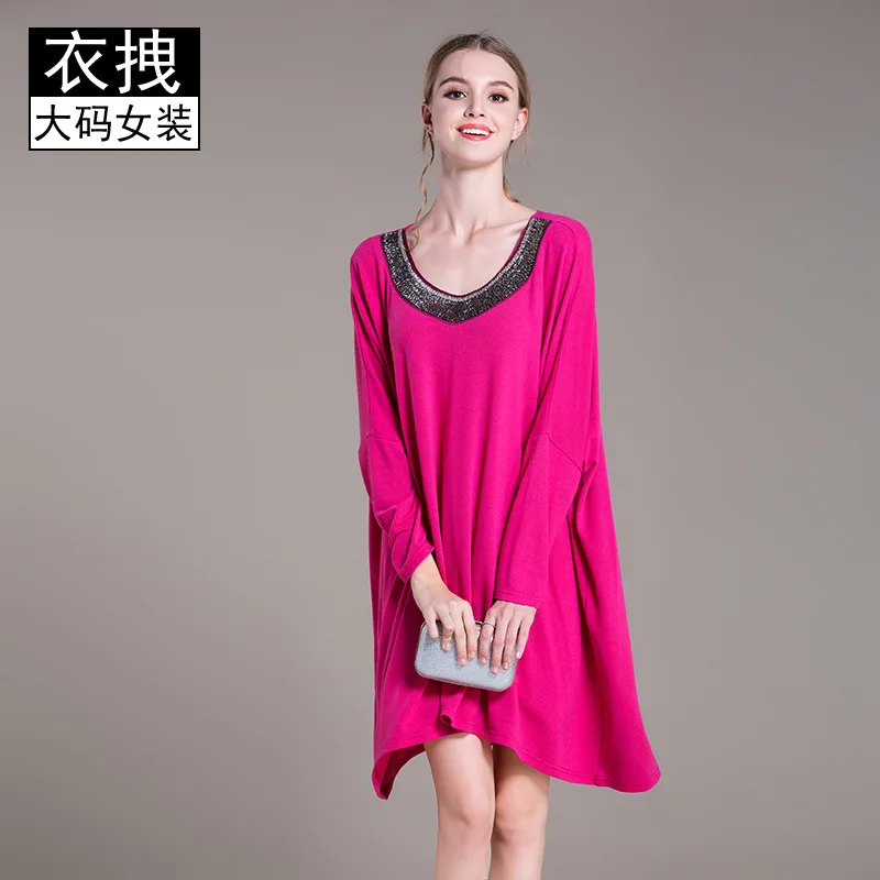 

[-Rebate Does Not Change] Bat Sleeve Loose-Fit V-neck Beads Dress Plus-sized WOMEN'S Dress Brand