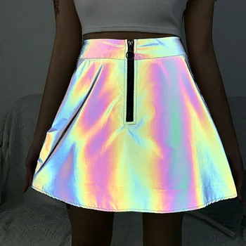 

2020 New High-waisted Reflective Fabric Summer Street Slim Short A-line Sundress Front Zipper
