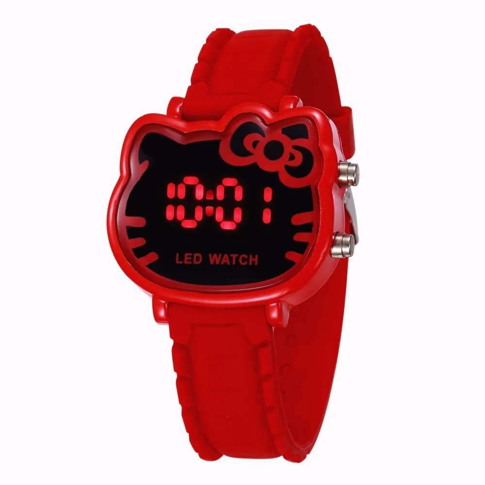 Детские Мультяшные часы милые в форме Хеллоу Китти детский светодиодный цифровой розовый электронные часы модные силиконовые спортивные часы Reloj - Цвет: Red