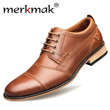 Men Casual Shoes Top Quality Oxfords Men Genuine Leather Dress Shoes Business Formal Shoes Men Flats Plus Size Wedding Party tanie i dobre opinie merkmak Cow Leather Solid Adult winter NONE Pointed Toe Rubber Lace-Up Fits true to size take your normal size Spring Autumn