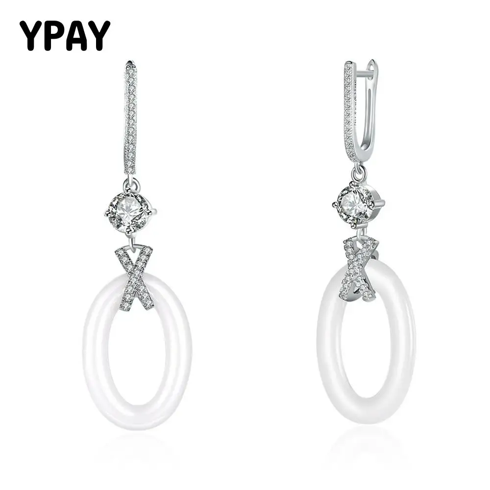 

YPAY Authentic 925 Sterling Silver Drop Earrings For Women White Ceramics Original Long Earring Brinco Fine Jewelry Gift YME079
