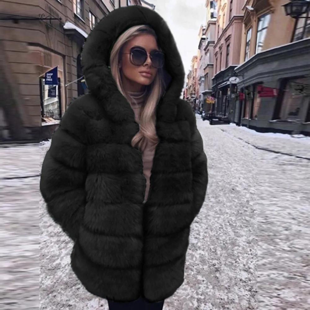 Женское модное роскошное пальто из искусственного меха с капюшоном, Осеннее зимнее теплое пальто, зимнее теплое плюшевое пальто