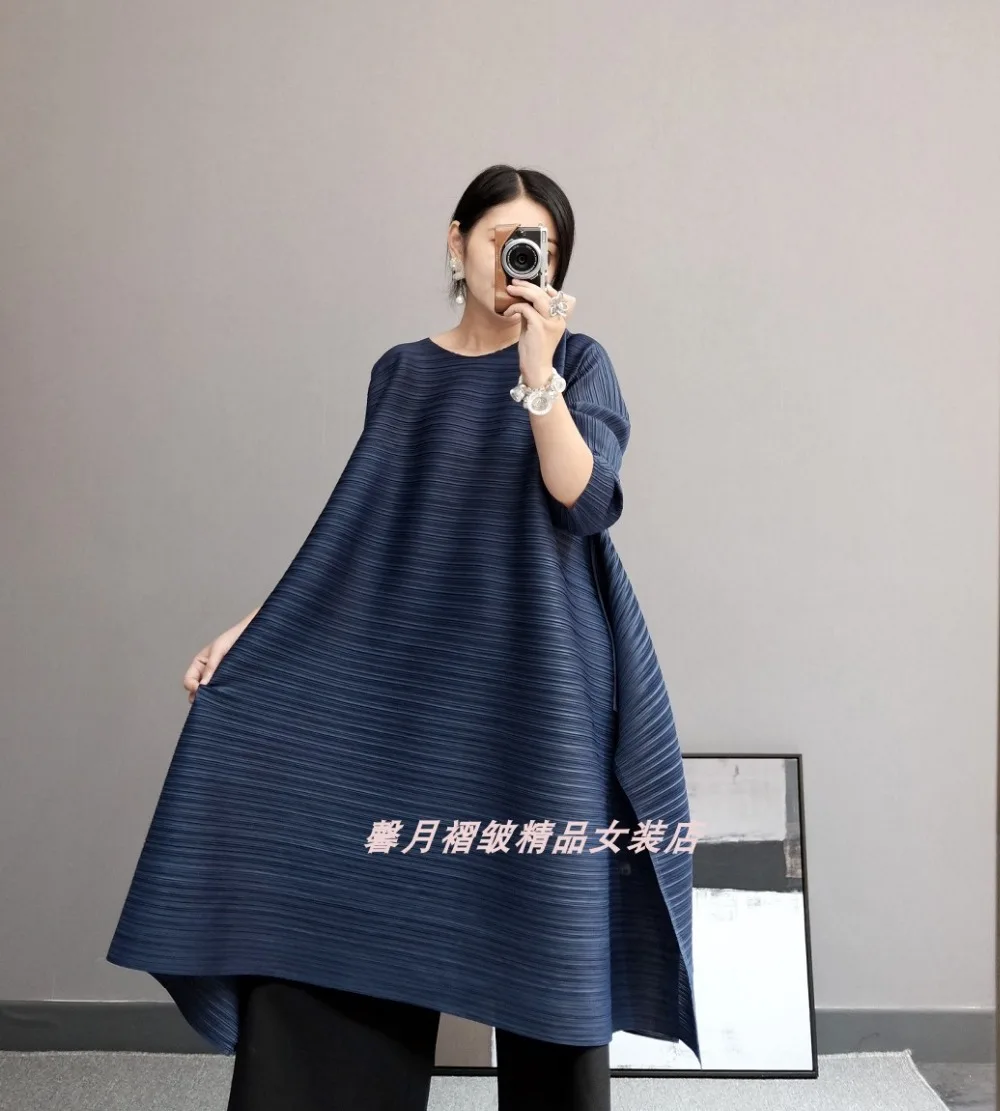 Лидер продаж Miyake модные однотонные складные с круглым воротником Длинные рукава большие трапециевидные платья