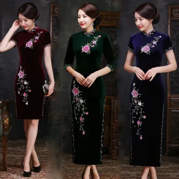

2019 New Quinceanera High-end Nail Bead Cheongsam Cultivate Morality Show Thin Long Korea Velvet Skirt Restoring Ancient Ways
