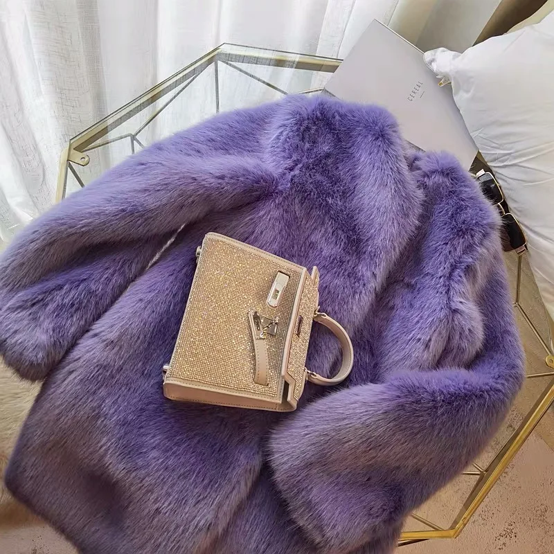 Women Purple Shaggy Faux Fox Fur Long Sleeve Jacket Coat