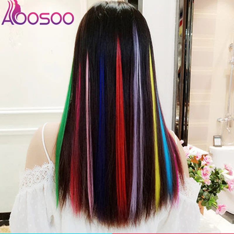 

AOOSOO New Thick 1pcs Fashion Women Multi Ombre Color Long Straight Synthetic Clip In on Hair Extensions Piece Wig Headwear