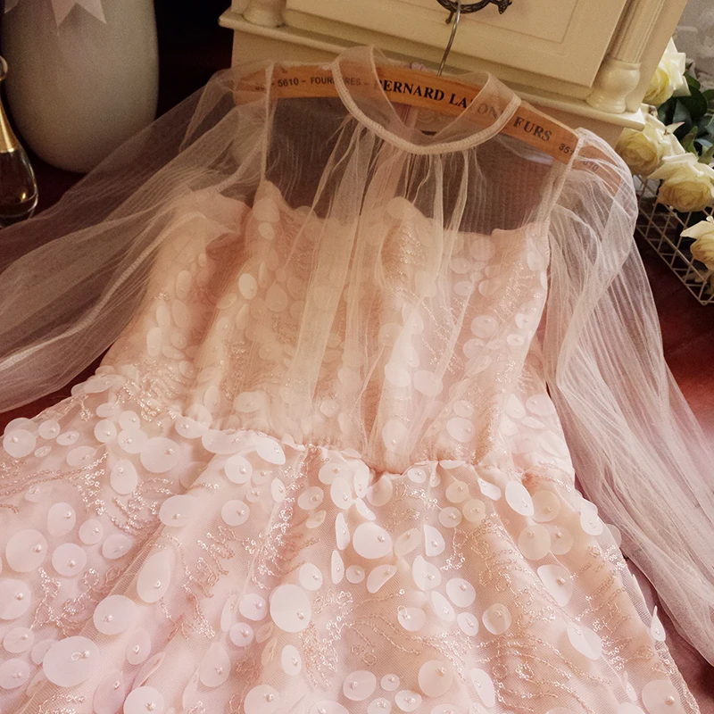 Осенние женские милые розовые сетчатые платья с рукавами-фонариками, женские кружевные платья с блестящими блестками, элегантный, бисерный, вечерние платья для работы