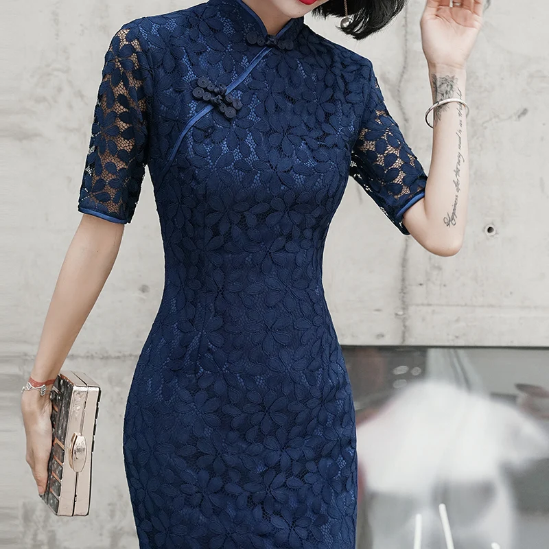 Темно-синие Элегантные платья Cheongsam, новинка, женские вечерние платья с коротким рукавом, сексуальные платья в китайском стиле, воротник-стойка, Qipao Vestidos