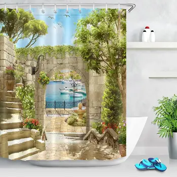 

Decor Digital Ancient Arch with View on the Sea Piers Scenic Bath Home for s03tub Creative Fabric Curtain
