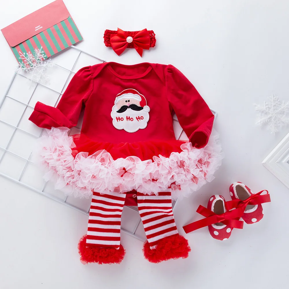 Красная рождественская одежда для малышей; комбинезон с длинными рукавами для новорожденных; платье; Одежда для маленьких девочек; комплект из 4 предметов; коллекция года; Новогодняя одежда для младенцев