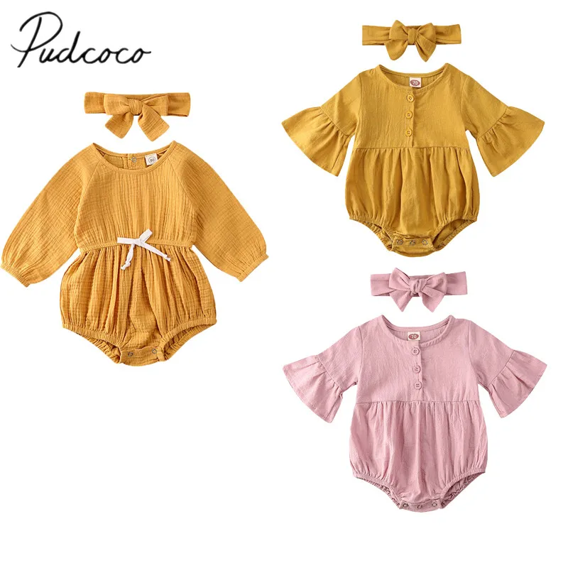 

2020 Baby Spring Autumn Clothing 2Pcs Newborn Kid Baby Girl Clothes Flared Sleeve Romper Jumpsuit Outfit Headband