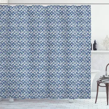 

Ethnic Shower Curtain, Hand Drawn Style Indonesian Batik Pattern with Curves and Small Triangles, Cloth Fabric Bathroom Decor