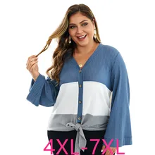 Модные осенне-зимние топы размера плюс для женщин, вязаная рубашка с длинным рукавом, свободный свитер с v-образным вырезом, синий кардиган 4XL 5XL 6XL 7XL