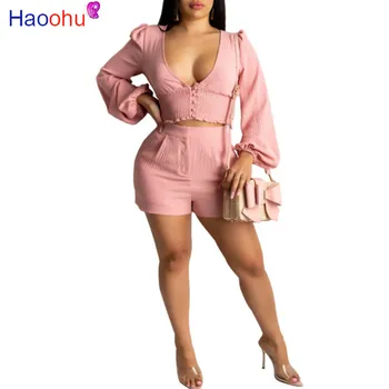 

HAOOHU Two Piece Set 2020 Fashion Summer Clother Matching Sets Long Sleeve Crop Top and Shorts Sexy 2 Piece Outfits for Women