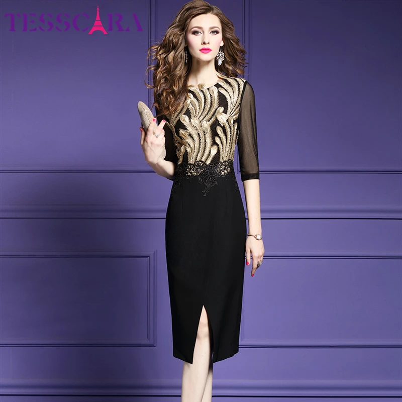TESSCARA, женское осеннее элегантное дизайнерское платье-карандаш, женские Коктейльные Вечерние платья в стиле ретро, Сетчатое платье, высококачественное офисное платье