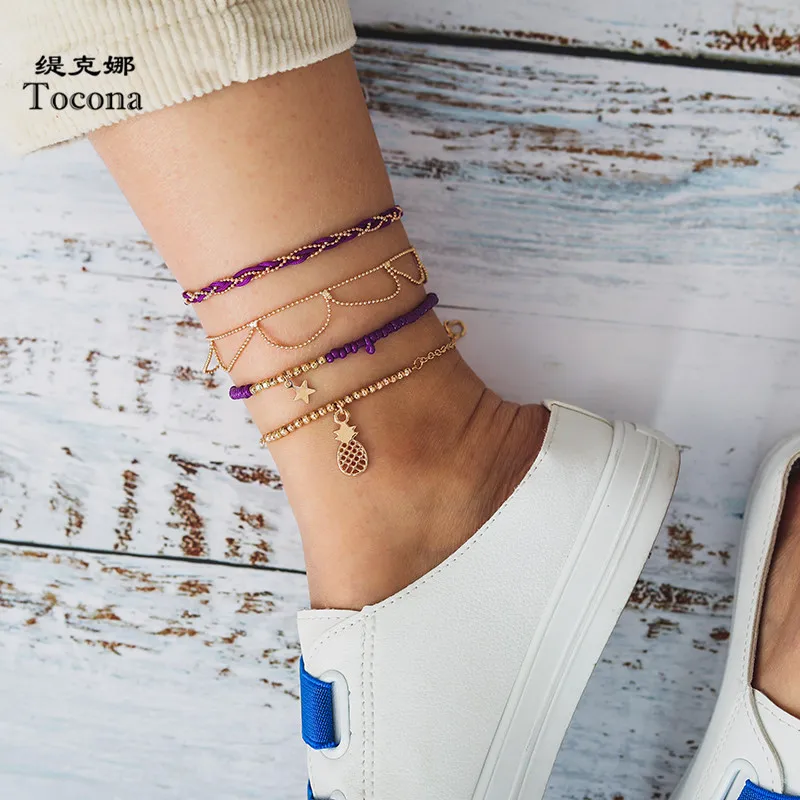 Tocona 4pcs/sets Tassel Anklets for Women Pineapple Star Bead Adjustable Foot Bracelets chain Rope Jewelry Wholesale 8812 Tocona 4pcs/sets Tassel Anklets for Women Pineapple Star Bead Adjustable Foot Bracelets chain Rope Jewelry Wholesale 8812