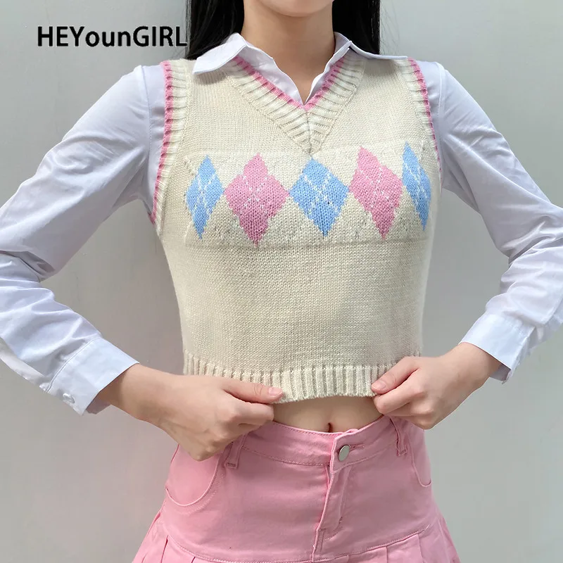 

HEYounGIRL Sweat Cute Y2K Sleeveless Tank Sweater Vest Vintage Argyle Crop Top V Neck Jumper Women Plaid Preppy Style Pullover