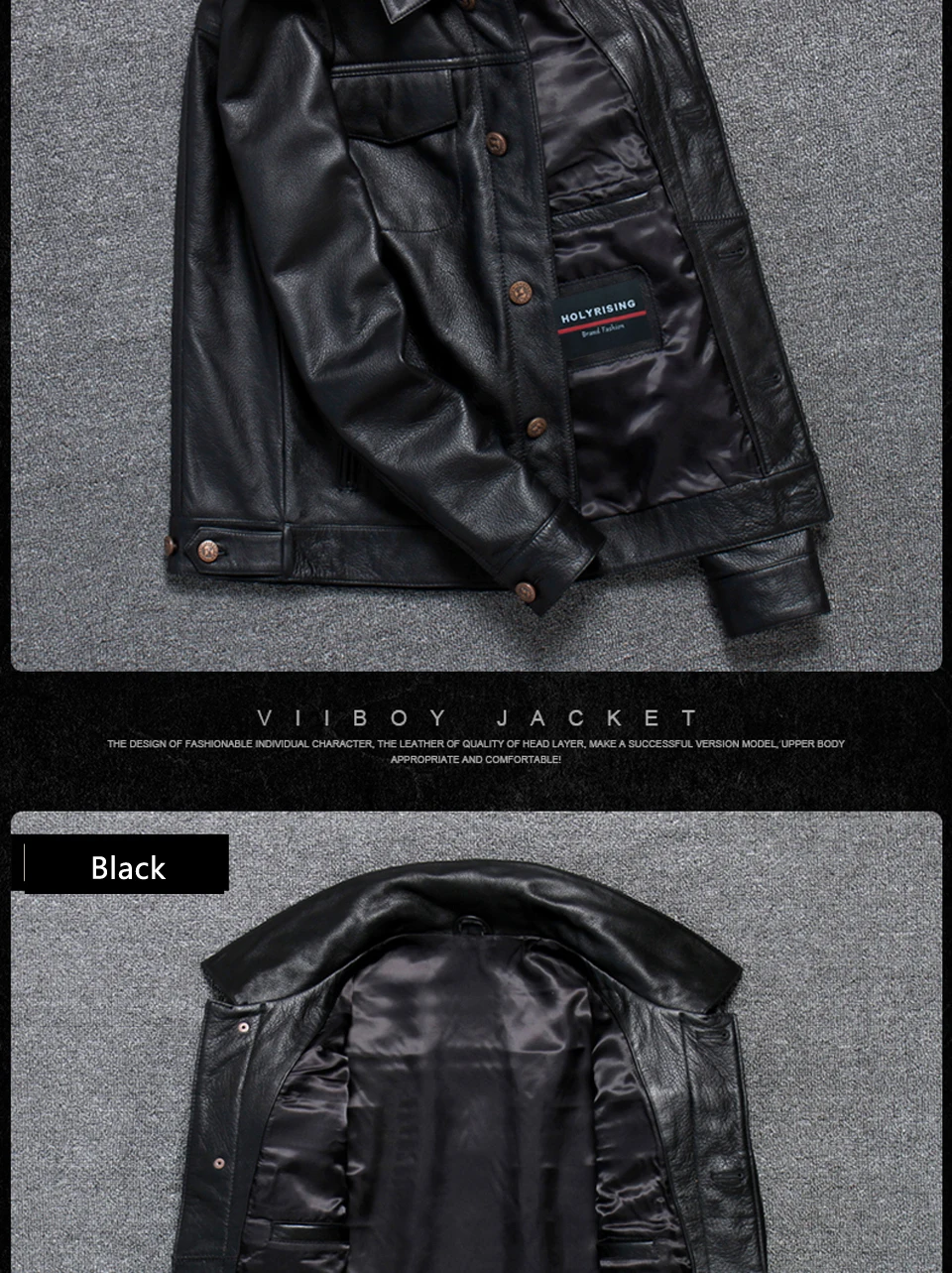 Holyrising Men Cow leather Jackets VintageTurn Collar Outerwear Casual Leather Jacket Motorcycle Overcoat Black Topcoats 19026-5