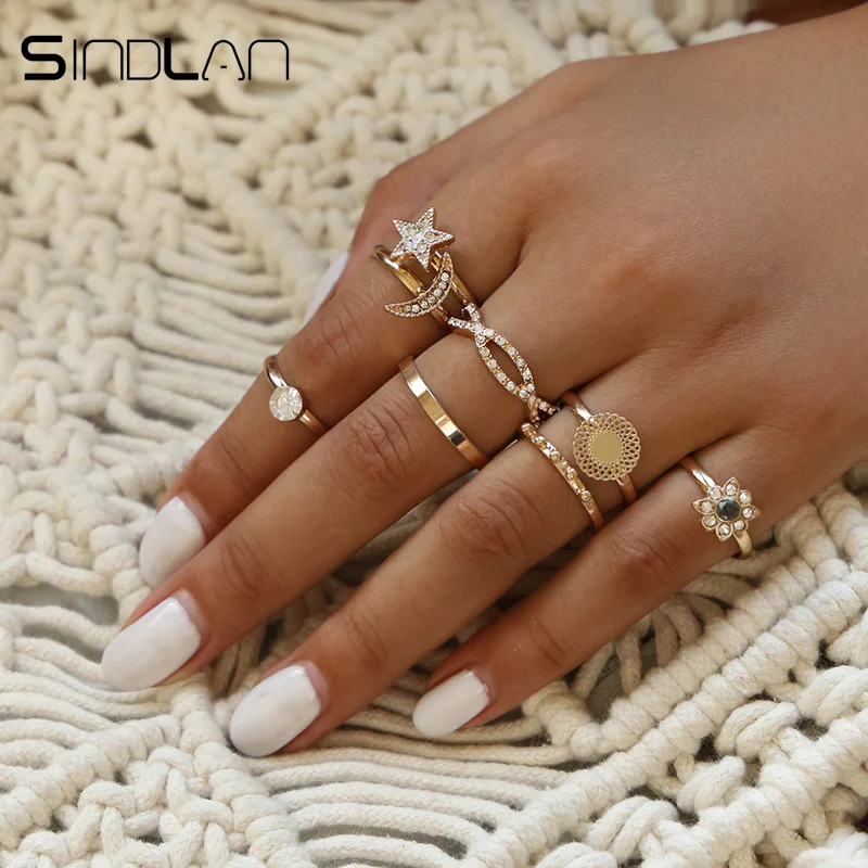 

Sindlan 8PCs Crystal Moon Star Statement Rings Set Vintage Gold Flower Charm Rings for Women Lady Party Wedding Ring Jewelry