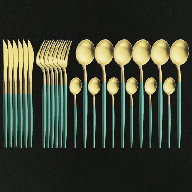 24Pcs Flatware Top 18/10 Stainless Steel Cutlery Flatware Set Round Handle Green Gold Dinnerware Spoon and Fork Set Dropshipping