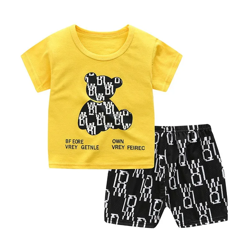 2pcs/set Fashion Boys Cartoon Black Bear Kids Suit Infantil Short Sleeve Clothes 2 Piece Set Girl Summer Outfits 1 2 3 4 5 Years
