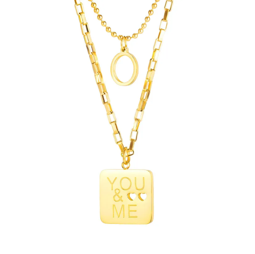 FAMI Double layered necklace with English letters love YOU&ME simple and fashionable small square brand titanium steel Pendants