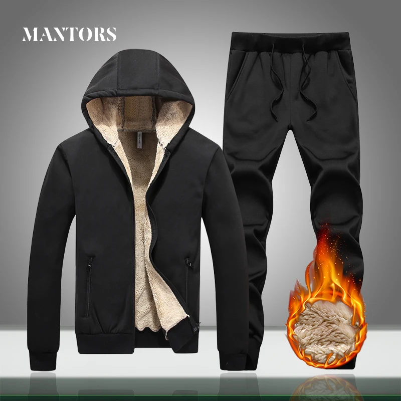 Tracksuit Sportswear Pants Jackets Velvet Zipper Mens Hooded-Sets Winter Warm Thick Plus