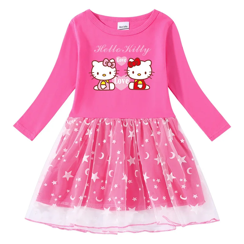 thumbnail image 1 of Hello Kitty Girl vestido dulce de algodón primavera y otoño nueva falda de princesa de manga larga con estampado de dibujos animados para niños estrella Luna red hilo, 1 of 5