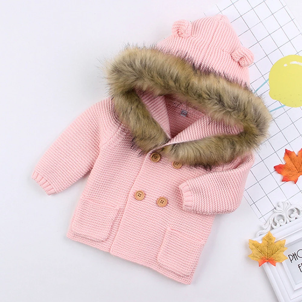 Зимние теплые куртки для маленьких мальчиков и девочек, пальто, одежда, Хлопковый вязаный свитер с мехом, милая детская верхняя одежда с карманом