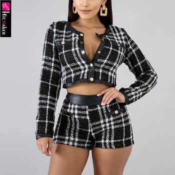 

Women Two Piece Matching Sets Plaid Single Breasted Long Sleeve Top Blazer & High Waist Bodycon Shorts Chic Elegant Suit