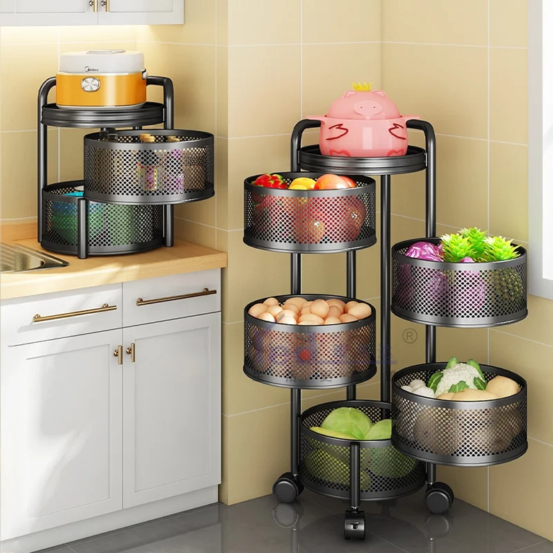 

Multilayer Kitchen Shelf Circular Rotate 360 Degrees Vegetable Storage Rack Floor-Standing Pantry Dish Movable Cart Organization