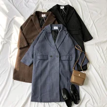 Mooirue зимнее плотное коричневое длинное шерстяное пальто с длинным рукавом и карманом, тонкое синее черное длинное пальто