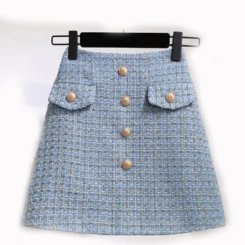 

Winter Women Fashionable Woolen Dress Short Check A-Line Skirt White Blue Black Ladies Clothing