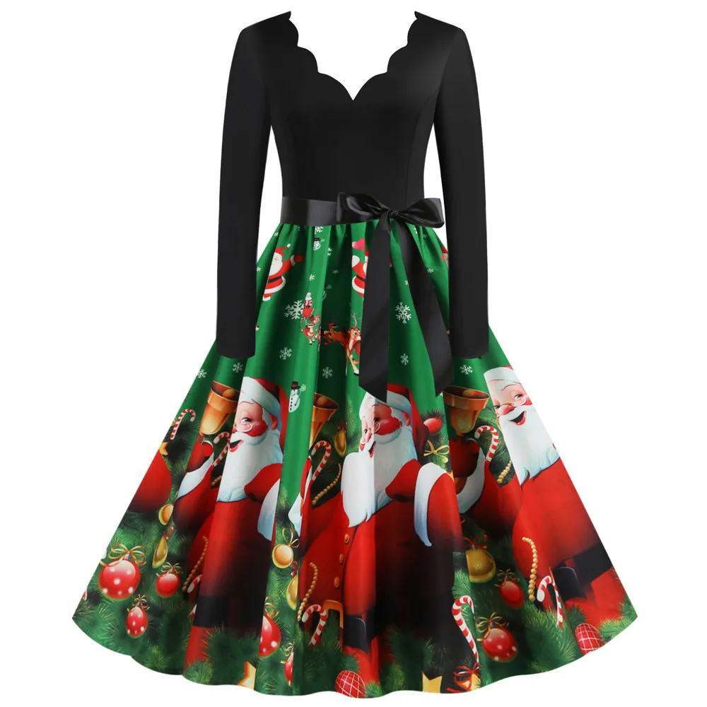 Черное винтажное рождественское платье с принтом, Женское зимнее Повседневное платье с длинным рукавом и v-образным вырезом, сексуальные новогодние вечерние платья размера плюс - Цвет: A021