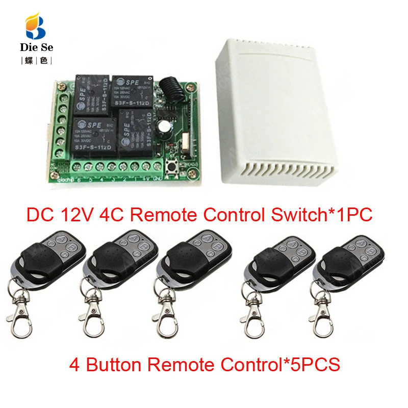DC 12V 4CH Remote Switch Garage Door Receiver Module and RF Remote Controller 