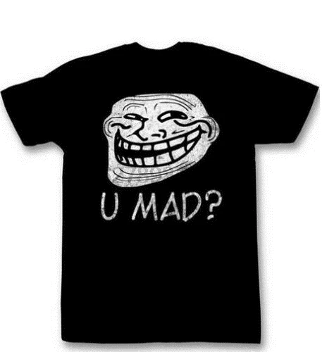 Взрослая Мужская забавная черная футболка Meme Troll Face You Mad Distressed |