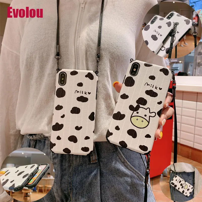 

New Cute Dairy Cow Phone Case for Iphone XR XS MAX X 6 7 8 Popular Shoulder Neck Strap Rope Cover for Iphone 6S 7 8 Plus Cover